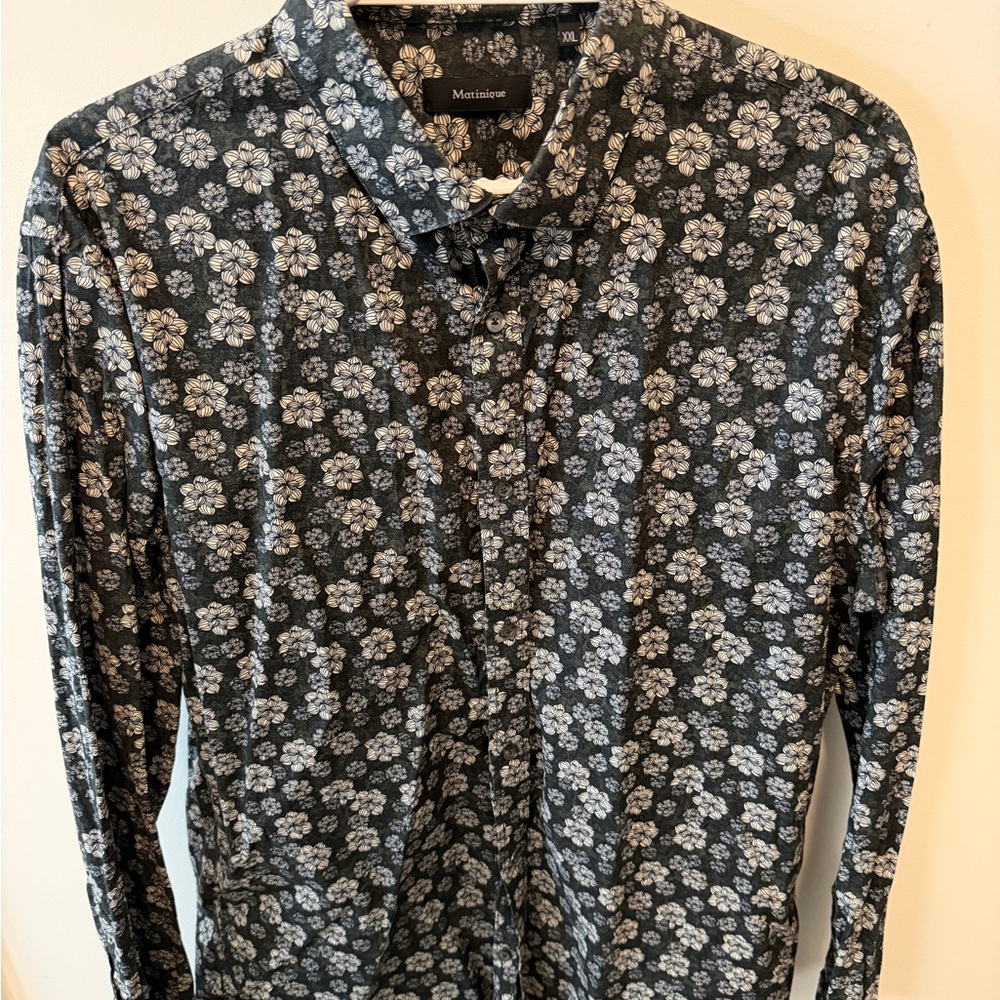 Men's Floral Pattern Dress Shirt - Black and White